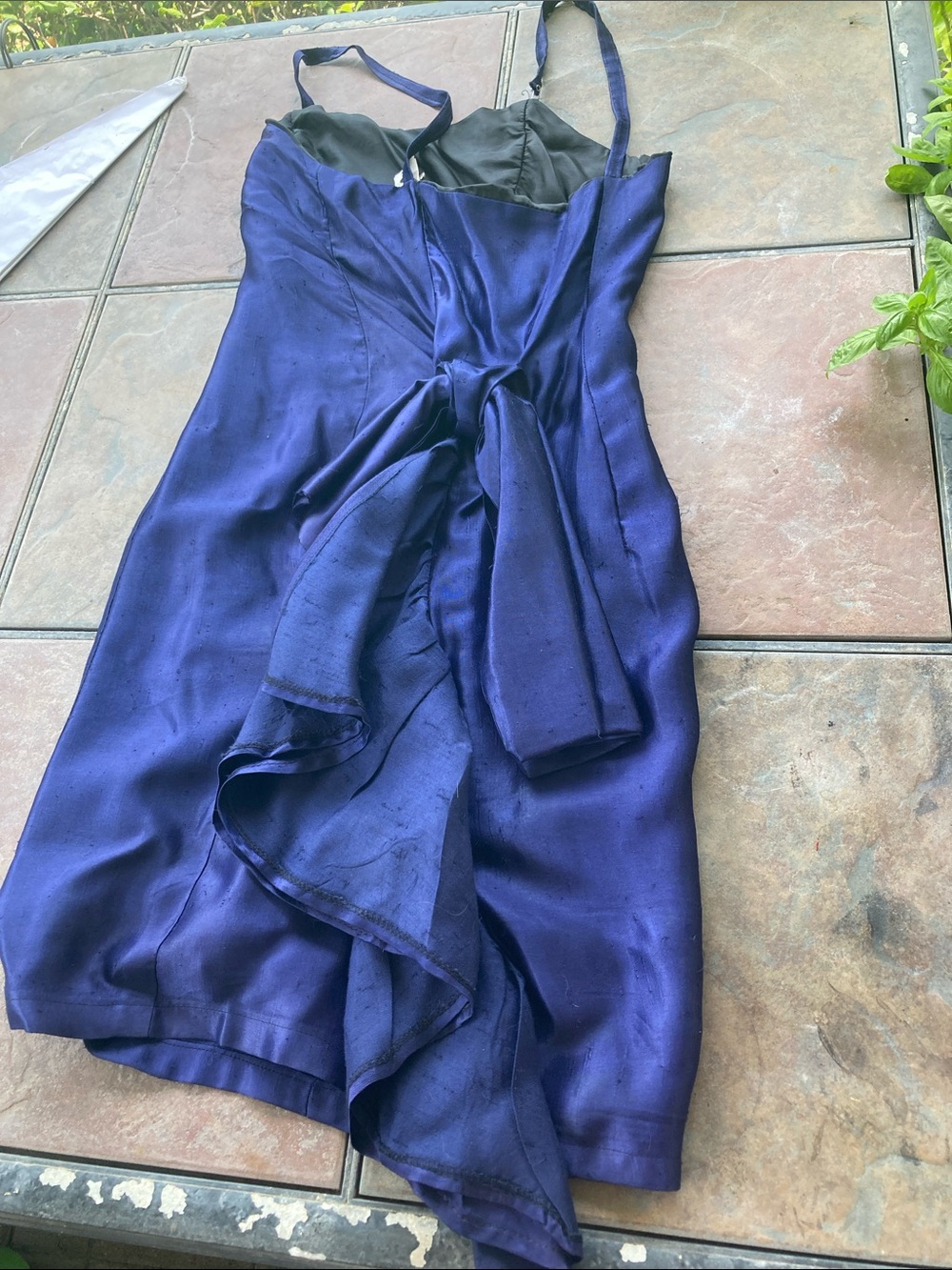 Navy Blue Satin Cocktail Dress with Ruffle Bustle